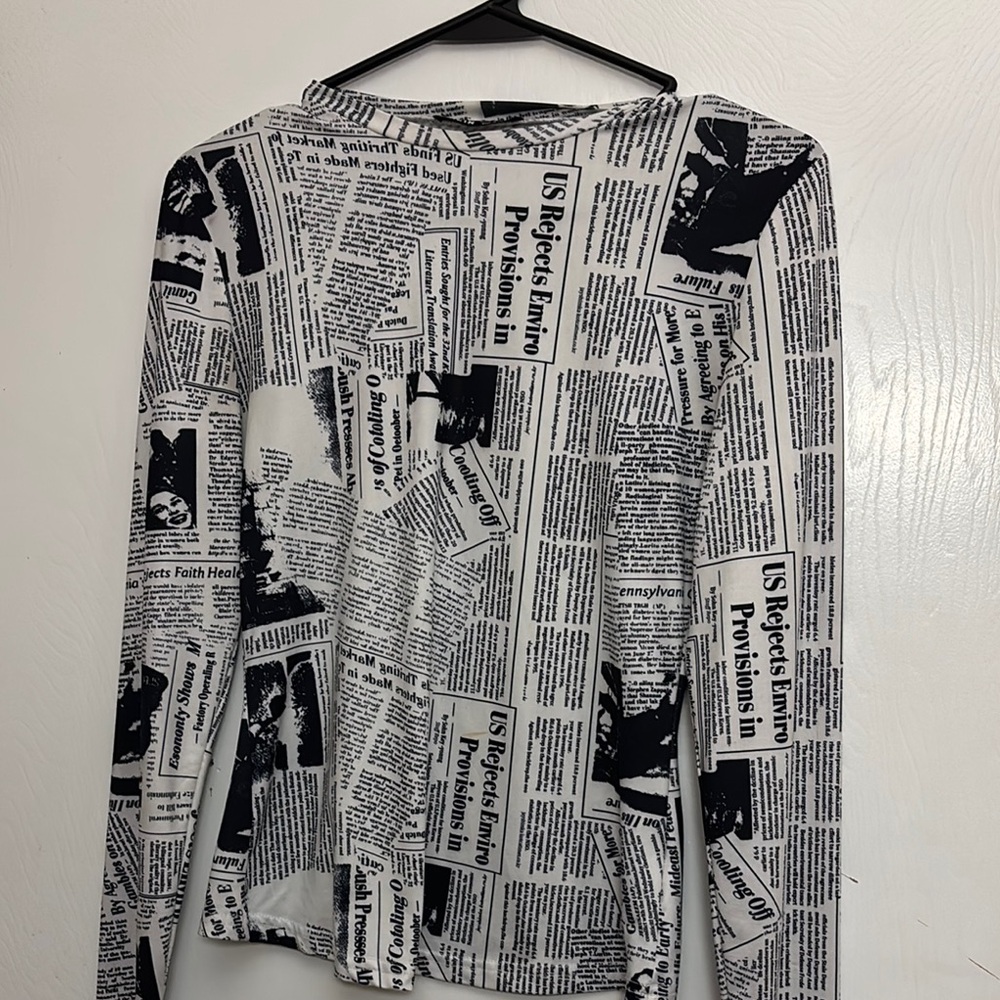 Black and White Newspaper Print Long Sleeve Top